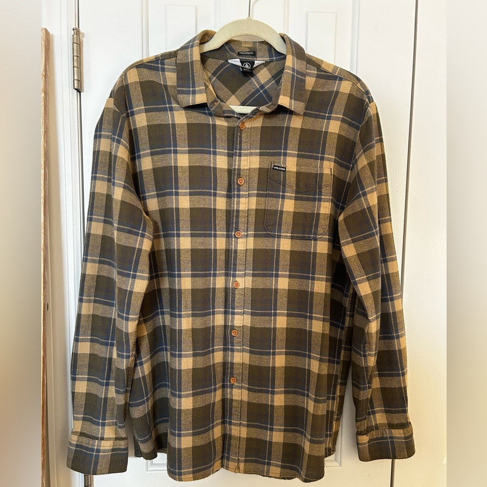 Volcom Blue and Tan Plaid Button Down Shirt